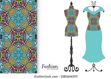 Fashion art collection, vector illustration. Vintage tailor's dummy, dress model and colorful seamless pattern for textile fabric, paper print, invitation or business card design. Isolated elements