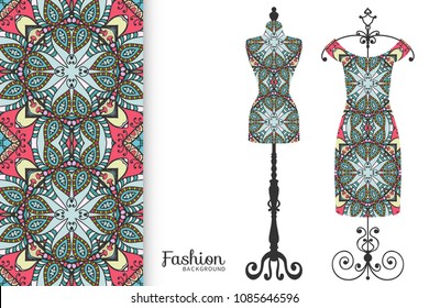 Fashion art collection, vector illustration. Vintage tailor's dummy, dress model and colorful seamless pattern for textile fabric, paper print, invitation or business card design. Isolated elements