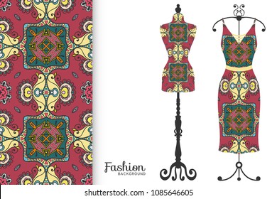 Fashion art collection, vector illustration. Vintage tailor's dummy, dress model and colorful seamless pattern for textile fabric, paper print, invitation or business card design. Isolated elements