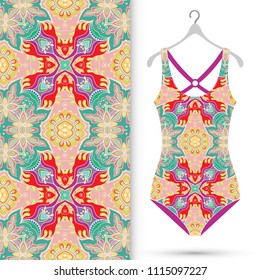 Fashion art collection, vector illustration. Women's swimsuit model on a hanger and colorful seamless pattern for textile fabric, paper print, invitation or business card design. Isolated elements