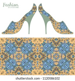 Fashion art collection, vector illustration. Ladies shoes and colorful seamless pattern for textile fabric, paper print, invitation or business card design. Isolated elements