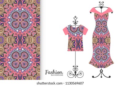 Fashion art collection, vector illustration. Colorful seamless pattern, t-shirt and women's dress model on a hanger. Isolated design elements for fabric textile or paper print, invitation card design