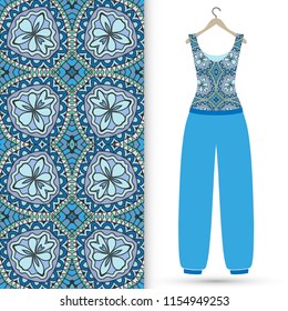 Fashion art collection, vector illustration. Women's blouse, trousers and colorful seamless pattern for textile fabric, paper print, invitation or business card design. Isolated elements