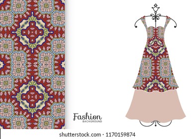 Fashion art collection, vector illustration. Women's dress model on a hanger and colorful seamless pattern for textile fabric, paper print, invitation or business card design. Isolated elements