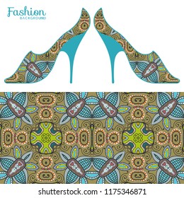 Fashion art collection, vector illustration. Ladies shoes and colorful seamless pattern for textile fabric, paper print, invitation or business card design. Isolated elements