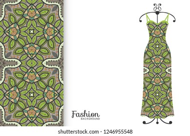 Fashion art collection, vector illustration. Women's dress model on a hanger and colorful seamless pattern for textile fabric, paper print, invitation or business card design. Isolated elements