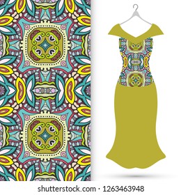 Fashion art collection, vector illustration. Women's dress model on a hanger and colorful seamless pattern for textile fabric, paper print, invitation or business card design. Isolated elements