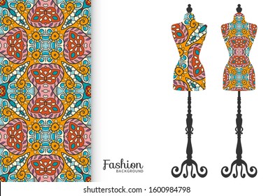 Fashion art collection, vector illustration. Vintage tailor's dummy for female body and colorful seamless pattern for textile fabric, paper print, invitation or business card design. Isolated elements