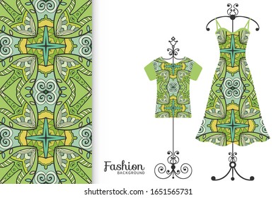 Fashion art collection, vector illustration. Colorful seamless pattern, t-shirt and women's dress model on a hanger. Isolated design elements for fabric textile or paper print, invitation card design