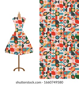 Fashion art collection, vector illustration. Vintage tailor's dummy, dress model and colorful seamless pattern for textile fabric, paper print, invitation or business card design. Isolated elements