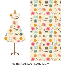 Fashion art collection, vector illustration. Vintage tailor's dummy, dress model and colorful seamless pattern for textile fabric, paper print, invitation or business card design. Isolated elements