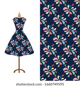 Fashion art collection, vector illustration. Vintage tailor's dummy, dress model and colorful seamless pattern for textile fabric, paper print, invitation or business card design. Isolated elements