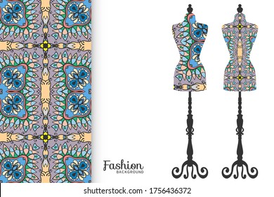 Fashion art collection, vector illustration. Vintage tailor's dummy for female body and colorful seamless pattern for textile fabric, paper print, invitation or business card design. Isolated elements