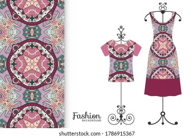 Fashion art collection, vector illustration. Colorful seamless pattern, t-shirt and women's dress model on a hanger. Isolated design elements for fabric textile or paper print, invitation card design