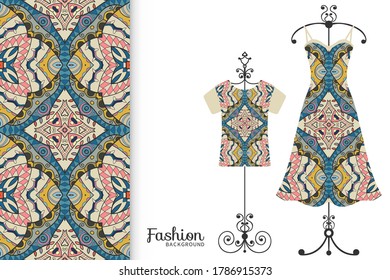 Fashion art collection, vector illustration. Colorful seamless pattern, t-shirt and women's dress model on a hanger. Isolated design elements for fabric textile or paper print, invitation card design