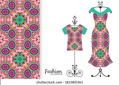 Fashion art collection, vector illustration. Colorful seamless pattern, t-shirt and women's dress model on a hanger. Isolated design elements for fabric textile or paper print, invitation card design