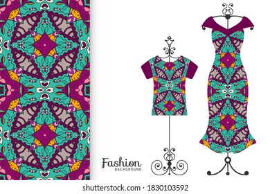 Fashion art collection, vector illustration. Colorful seamless pattern, t-shirt and women's dress model on a hanger. Isolated design elements for fabric textile or paper print, invitation card design