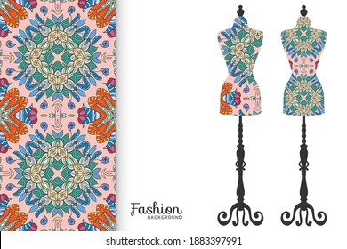 Fashion art collection, vector illustration. Vintage tailor's dummy for female body and colorful seamless pattern for textile fabric, paper print, invitation or business card design. Isolated elements