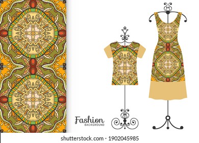 Fashion art collection, vector illustration. Colorful seamless pattern, t-shirt and women's dress model on a hanger. Isolated design elements for fabric textile or paper print, invitation card design