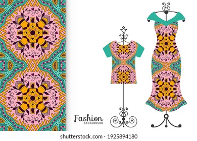 Fashion art collection, vector illustration. Colorful seamless pattern, t-shirt and women's dress model on a hanger. Isolated design elements for fabric textile or paper print, invitation card design