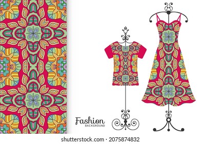 Fashion art collection, vector illustration. Colorful seamless pattern, t-shirt and women's dress model on a hanger. Isolated design elements for fabric textile or paper print, invitation card design
