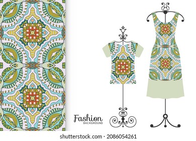 Fashion art collection, vector illustration. Colorful seamless pattern, t-shirt and women's dress model on a hanger. Isolated design elements for fabric textile or paper print, invitation card design