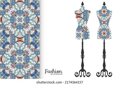 Fashion art collection, vector illustration. Vintage tailor's dummy for female body and colorful seamless pattern for textile fabric, paper print, invitation or business card design. Isolated elements