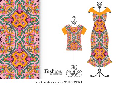 Fashion art collection, vector illustration. Colorful seamless pattern, t-shirt and women's dress model on a hanger. Isolated design elements for fabric textile or paper print, invitation card design