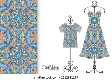 Fashion art collection, vector illustration. Colorful seamless pattern, t-shirt and women's dress model on a hanger. Isolated design elements for fabric textile or paper print, invitation card design