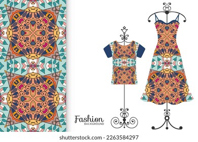 Fashion art collection, vector illustration. Colorful seamless pattern, t-shirt and women's dress model on a hanger. Isolated design elements for fabric textile or paper print, invitation card design