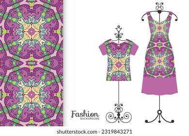 Fashion art collection, vector illustration. Colorful seamless pattern, t-shirt and women's dress model on a hanger. Isolated design elements for fabric textile or paper print, invitation card design