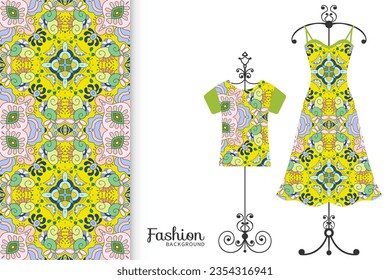 Fashion art collection, vector illustration. Colorful seamless pattern, t-shirt and women's dress model on a hanger. Isolated design elements for fabric textile or paper print, invitation card design