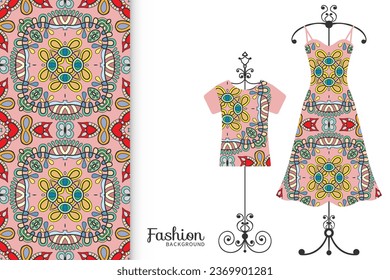 Colección de arte de moda, ilustración vectorial. Colorido patrón sin costura, camiseta y modelo de vestido de mujer en una percha. Elementos de diseño aislados para tejidos o papel, diseño de tarjetas de invitación