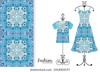 Fashion art collection, vector illustration. Colorful seamless pattern, t-shirt and women's dress model on a hanger. Isolated design elements for fabric textile or paper print, invitation card design