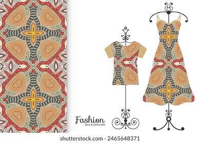 Fashion art collection, vector illustration. Colorful seamless pattern, t-shirt and women's dress model on a hanger. Isolated design elements for fabric textile or paper print, invitation card design