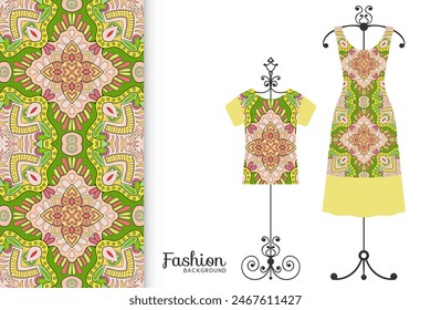 Fashion art collection, vector illustration. Colorful seamless pattern, t-shirt and women's dress model on a hanger. Isolated design elements for fabric textile or paper print, invitation card design