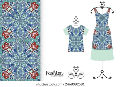 Fashion art collection, vector illustration. Colorful seamless pattern, t-shirt and women's dress model on a hanger. Isolated design elements for fabric textile or paper print, invitation card design