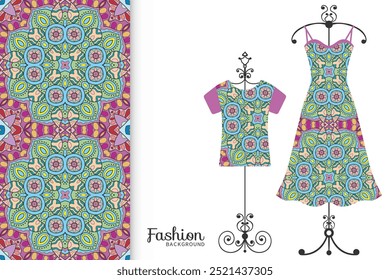 Fashion art collection, vector illustration. Colorful seamless pattern, t-shirt and women's dress model on a hanger. Isolated design elements for fabric textile or paper print, invitation card design