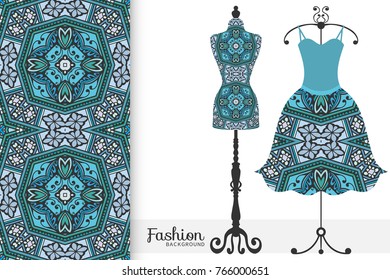 Fashion art collection, vector illustration. Vintage tailor's dummy, dress model and colorful seamless pattern for textile fabric, paper print, invitation or business card design. Isolated elements