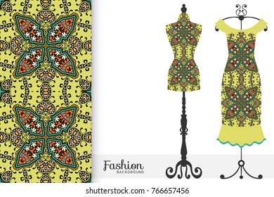 Fashion art collection, vector illustration. Vintage tailor's dummy, dress model and colorful seamless pattern for textile fabric, paper print, invitation or business card design. Isolated elements