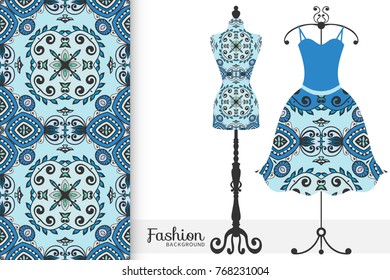 Fashion art collection, vector illustration. Vintage tailor's dummy, dress model and colorful seamless pattern for textile fabric, paper print, invitation or business card design. Isolated elements