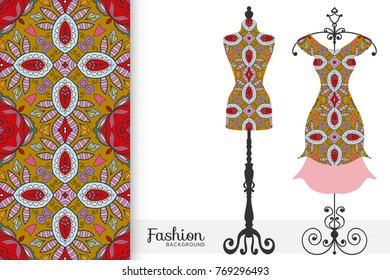 Fashion art collection, vector illustration. Vintage tailor's dummy, dress model and colorful seamless pattern for textile fabric, paper print, invitation or business card design. Isolated elements