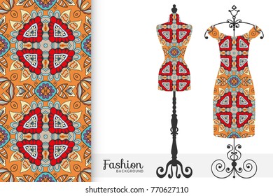 Fashion art collection, vector illustration. Vintage tailor's dummy, dress model and colorful seamless pattern for textile fabric, paper print, invitation or business card design. Isolated elements