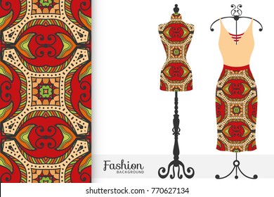 Fashion art collection, vector illustration. Vintage tailor's dummy, dress model and colorful seamless pattern for textile fabric, paper print, invitation or business card design. Isolated elements