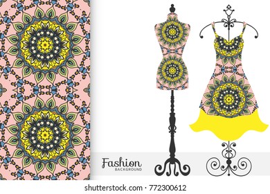 Fashion art collection, vector illustration. Vintage tailor's dummy, dress model and colorful seamless pattern for textile fabric, paper print, invitation or business card design. Isolated elements