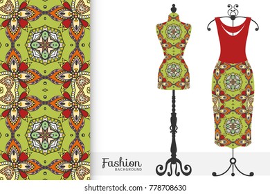 Fashion art collection, vector illustration. Vintage tailor's dummy, dress model and colorful seamless pattern for textile fabric, paper print, invitation or business card design. Isolated elements