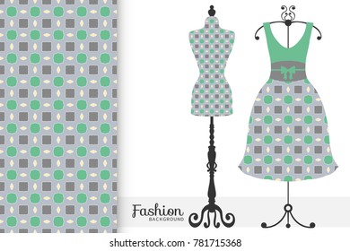 Fashion art collection, vector illustration. Vintage tailor's dummy, dress model and colorful seamless pattern for textile fabric, paper print, invitation or business card design. Isolated elements