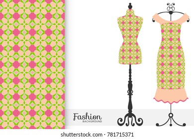 Fashion art collection, vector illustration. Vintage tailor's dummy, dress model and colorful seamless pattern for textile fabric, paper print, invitation or business card design. Isolated elements