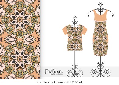 Fashion art collection, vector illustration. Colorful seamless pattern, t-shirt and women's dress model on a hanger. Isolated design elements for fabric textile or paper print, invitation card design