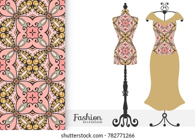 Fashion art collection, vector illustration. Vintage tailor's dummy, dress model and colorful seamless pattern for textile fabric, paper print, invitation or business card design. Isolated elements
